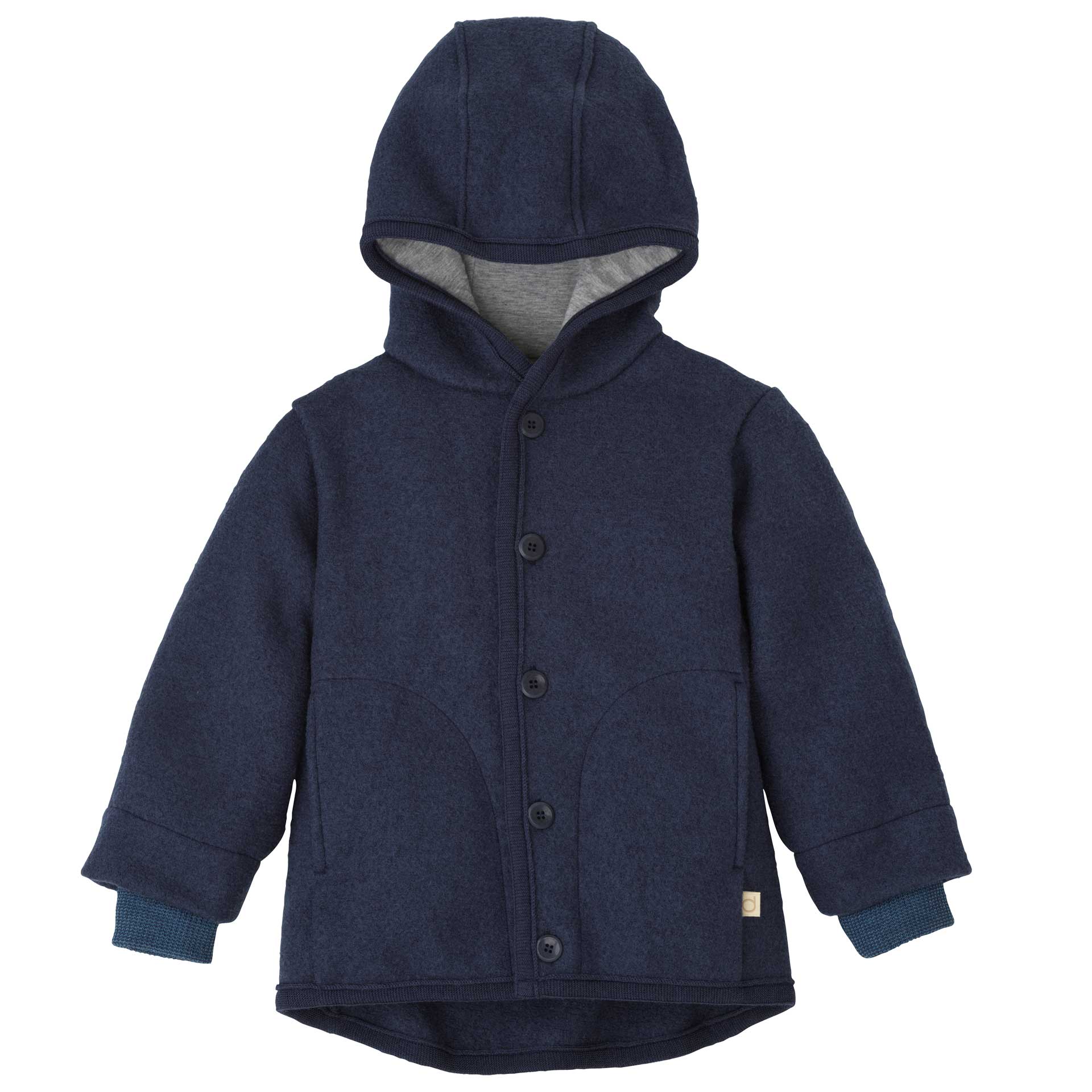 disana Walk-Jacke, Indigo, Wollwalk & Futter: Bio-Merinowolle mit Kapuze, 2 Taschen, Steinnussknöpfen & Strick-Armbündchen