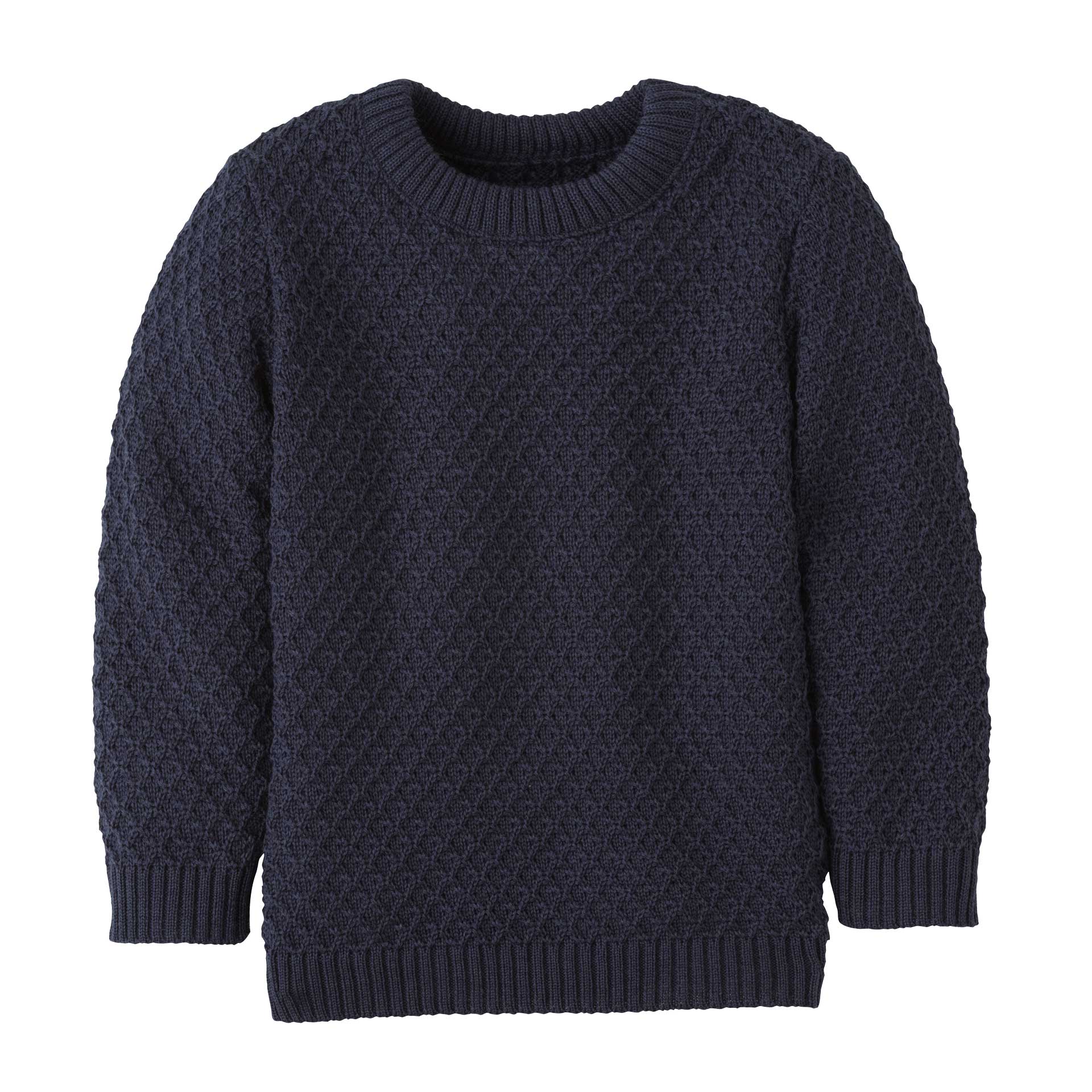 Wunderschöner disana Aran-Pullover Indigo, Bio-Merinowolle, kuschelig warmer Allwetter-Pulli Rippbündchen an Ärmeln & Leib