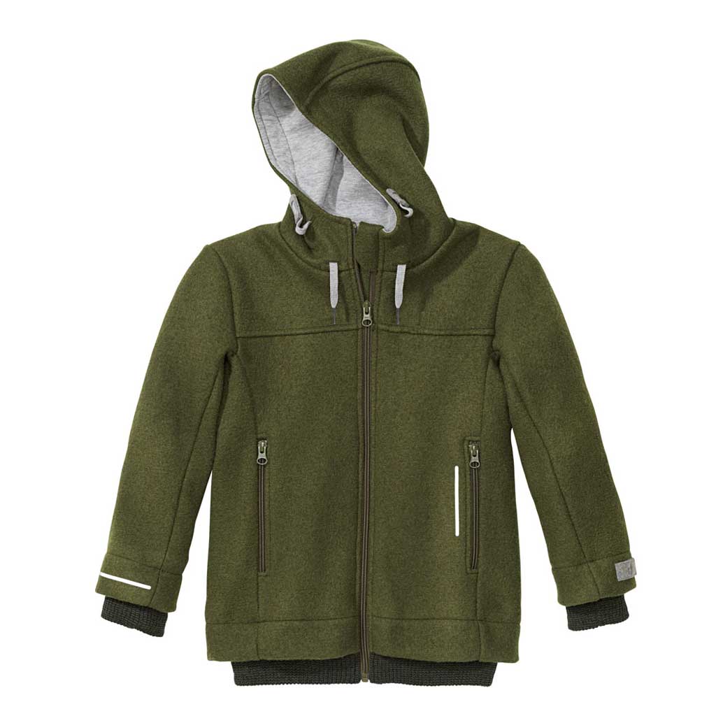 disana Outdoor-Jacke Oliv, Wollwalk & Jerseyfutter: Bio-Merinowolle, Kapuze, Zipper-Taschen, Strickbündchen an Arm & Leib
