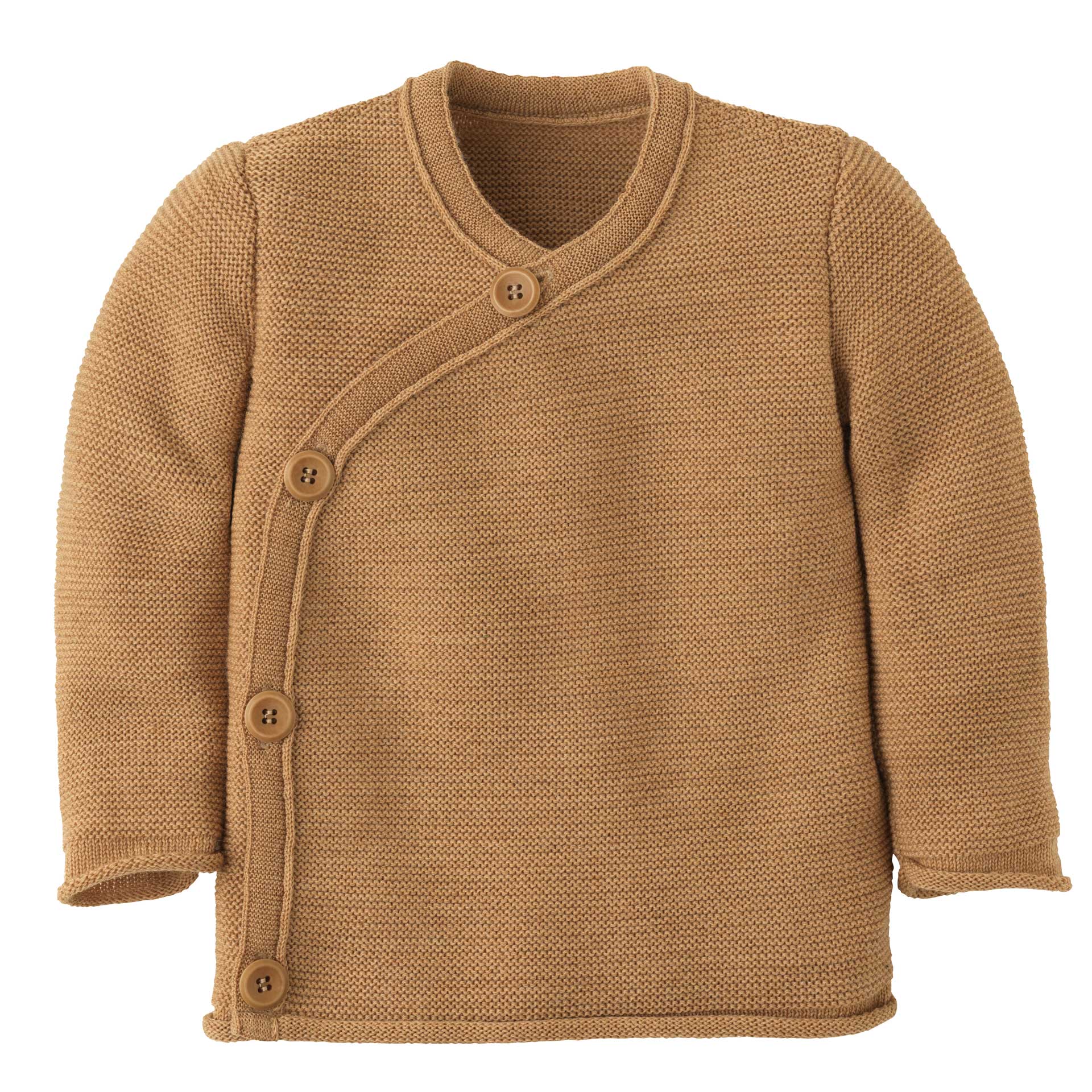 disana Baby-Jacke Karamell, Bio-Merinowolle, mit praktischer schräg verlaufender Knopfleiste, Rollbündchen an Ärmeln und Leib