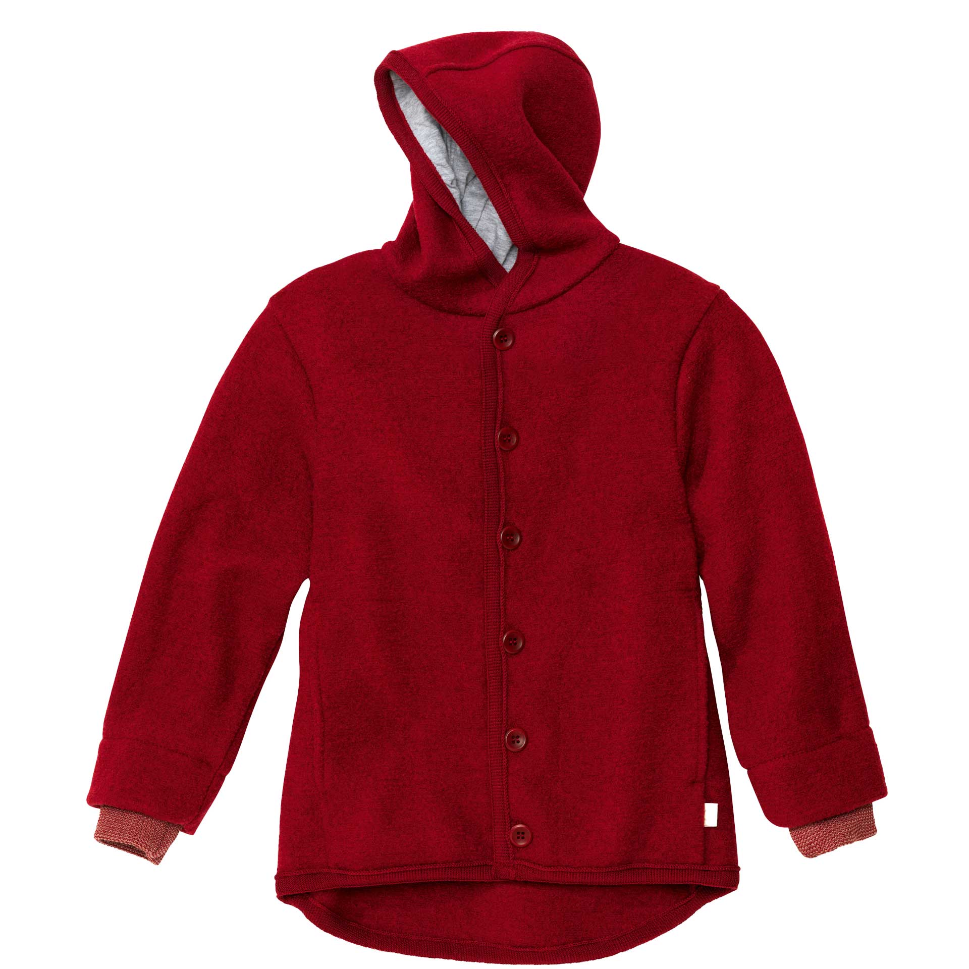 disana Walk-Jacke, Bordeaux, Wollwalk Bio-Merinowolle mit Kapuze, 2 Taschen, Steinnussknöpfen & Strickündchen, Herbst 21|22