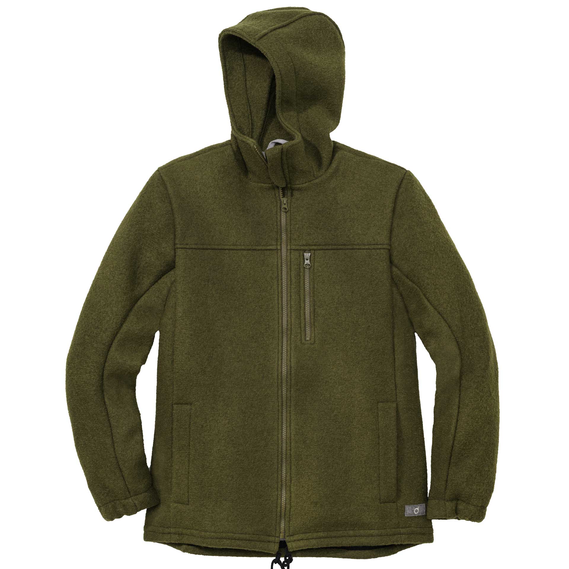 disana warme Herren-Jacke, Oliv, Wollwalk & Jerseyfutter aus Bio-Merinowolle, mit Kapuze, 2 Seitentaschen, 1 Brusttasche