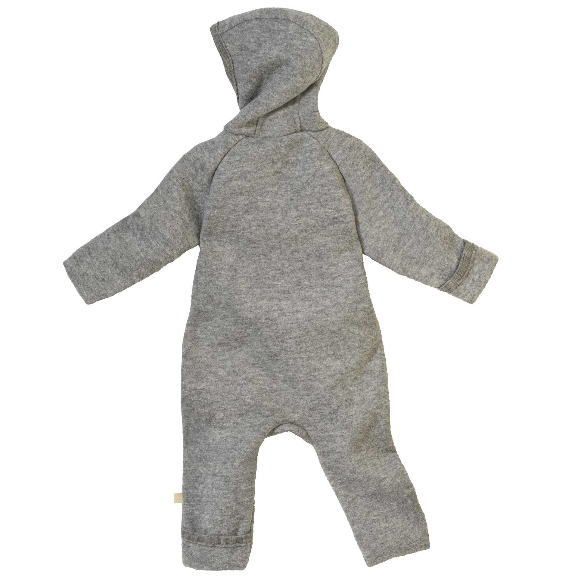 disana boiled wool overall with zip, turn-up cuffs on the arms & legs & lined hood - grey - 100% organic merino wool - back