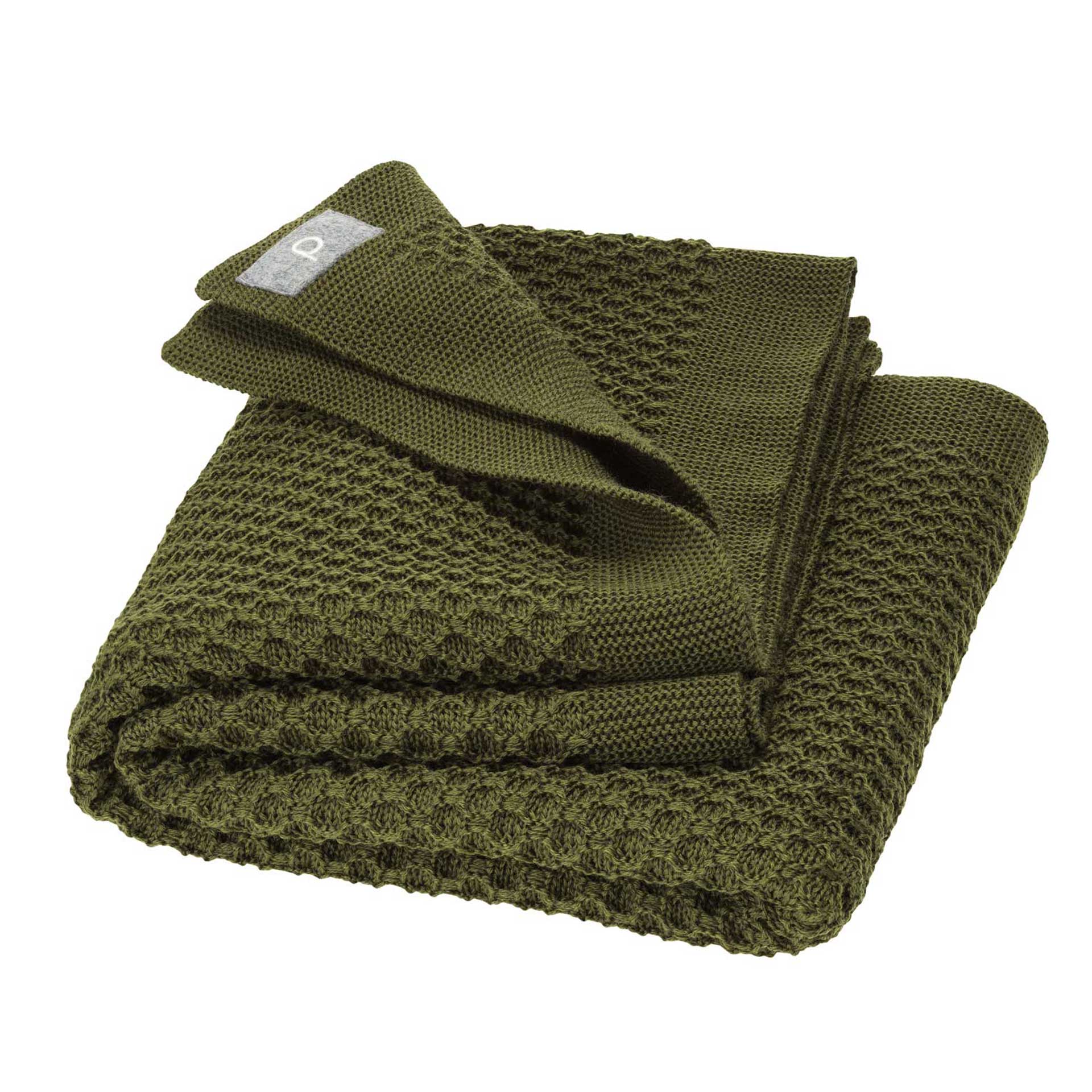 disana Waben-Strickdecke in Oliv aus 100% Bio-Merinowolle, Wabenstrickmuster und modernem Strickrand, weich und kuschelig