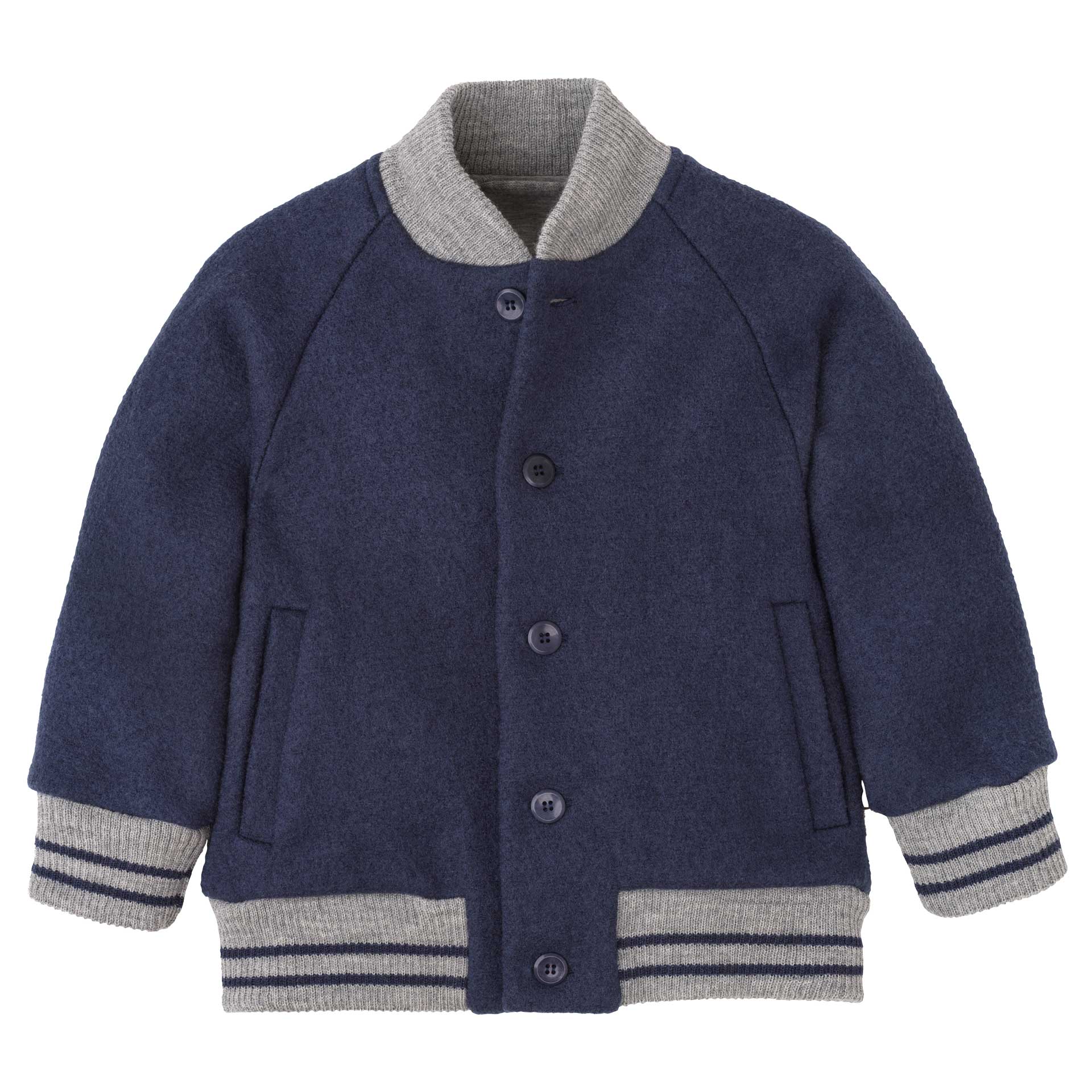 disana College-Jacke Indigo, mit Raglanärmeln, Knopfleiste und grauen Strickbündchen. Am Leib gefüttert, 100% Bio-Merinowolle