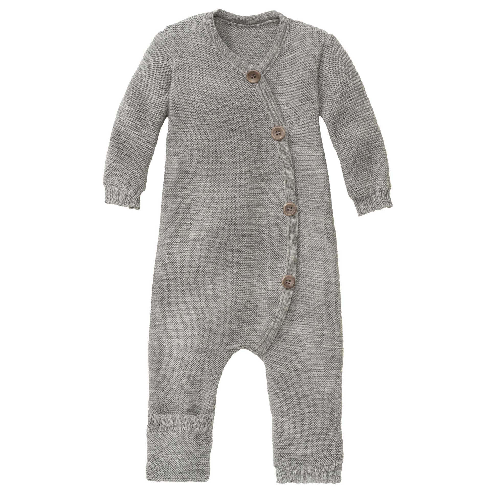 disana Baby-Strick-Overall aus Bio-Merinowolle in Grau, in Bogen verlaufender Knopfleiste, ideal für empfindliche Babyhaut.