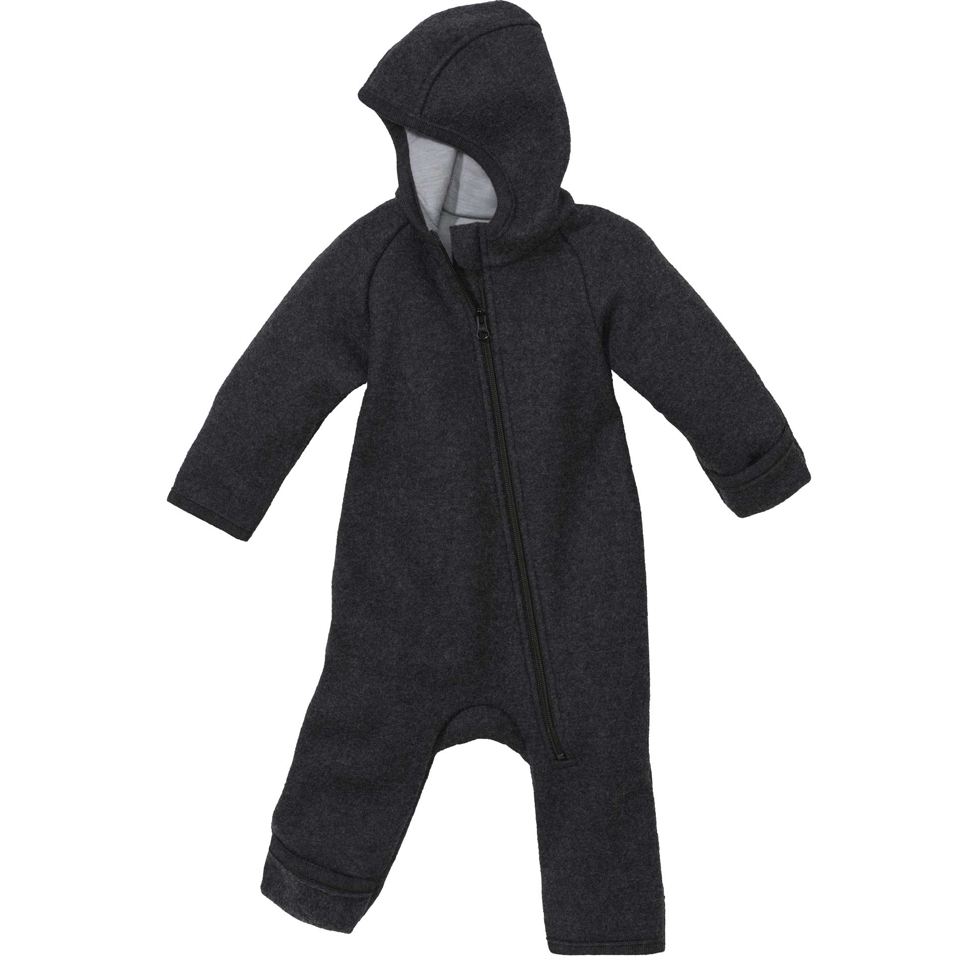disana boiled wool overall with zip, turn-up cuffs on the arms and legs & lined hood - anthracite - 100% organic merino wool