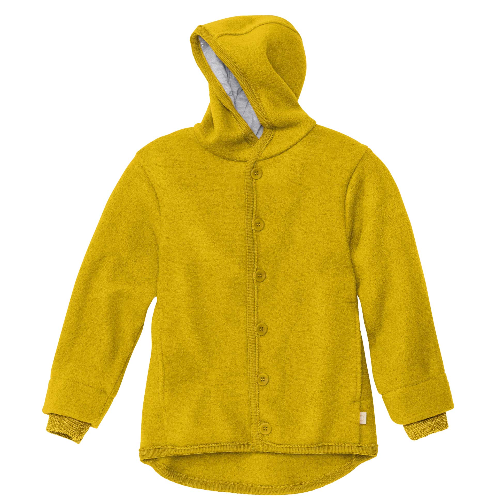 disana Walk-Jacke, Curry, Wollwalk Bio-Merinowolle mit Kapuze, 2 Taschen, Steinnussknöpfen & Strickündchen, Herbst 21|22