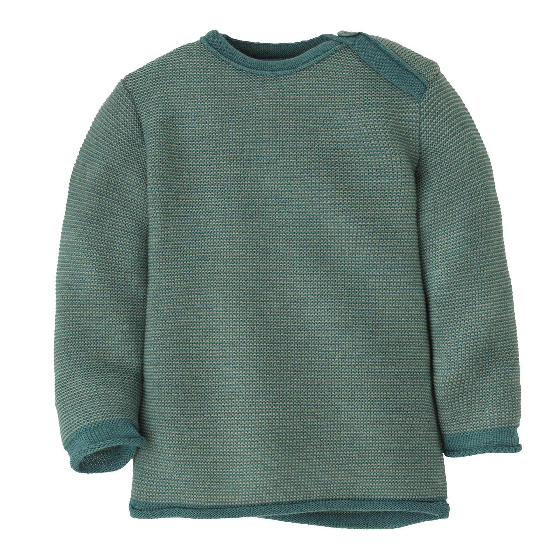 disana Melange-Pullover Eukalyptus-Jade, Strick: Bio-Merinowolle mit Knopfverschluss am Kragen & Rollbündchen an Armen & Leib