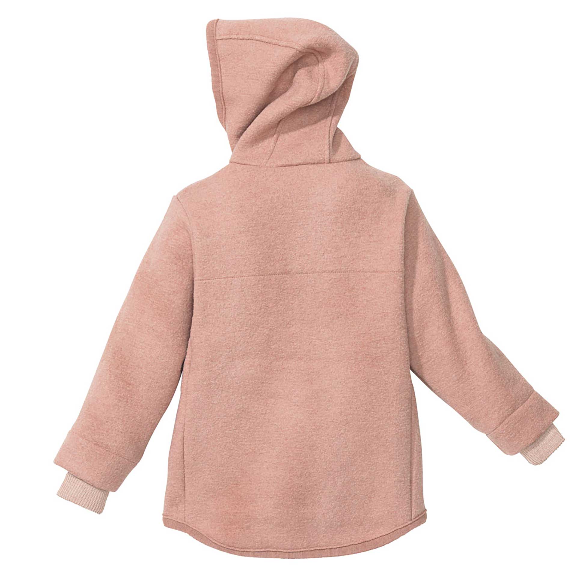 Rückseite der disana Walk-Jacke in Rosé, Wollwalk aus Bio-Merinowolle, mit Kapuze und Strickbündchen an den Armen