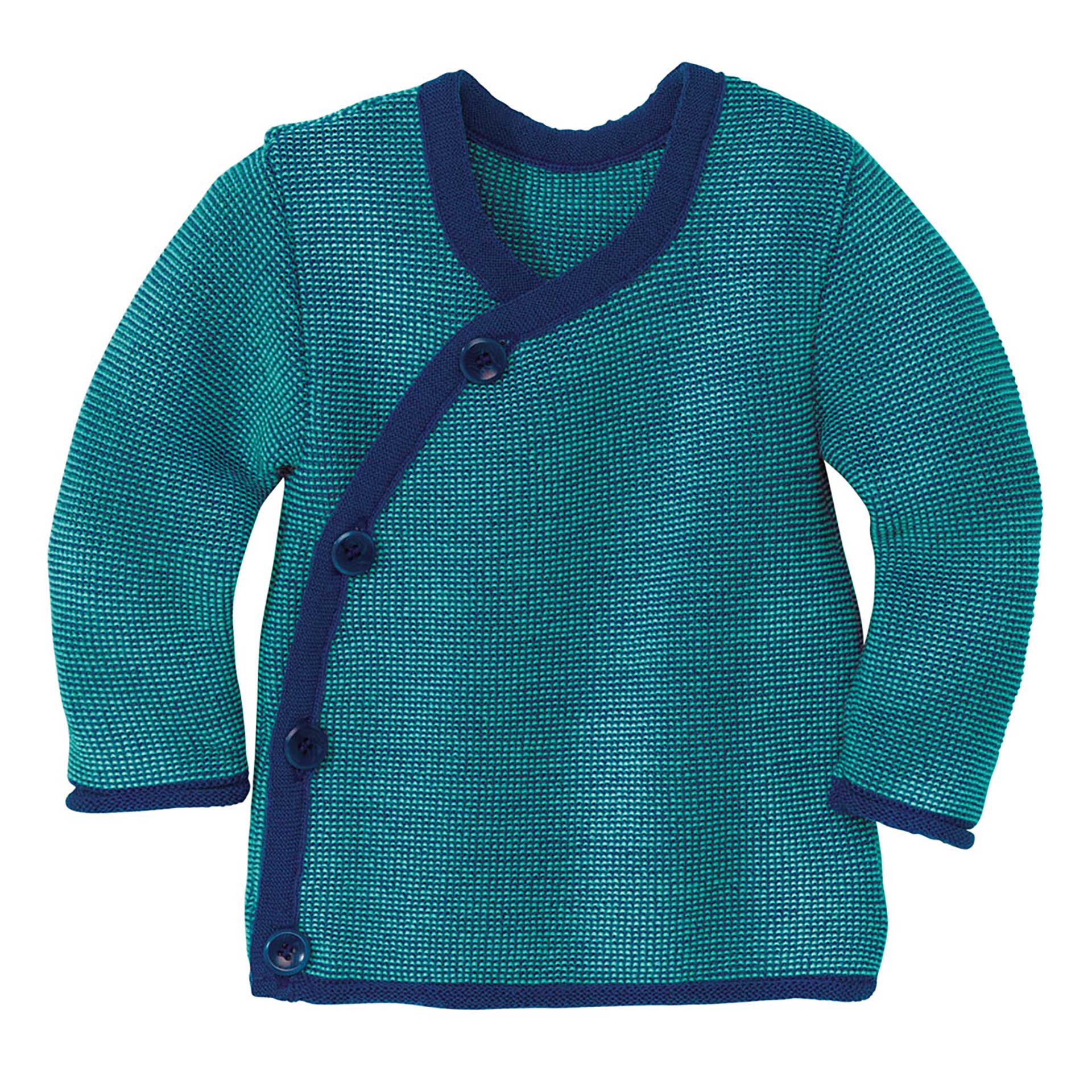disana Melange-Jacke 50/56 – 86/92, Marine-Lagoon, Linksstrick aus Bio-Merinowolle, in praktischer Wickelform mit Knopfleiste