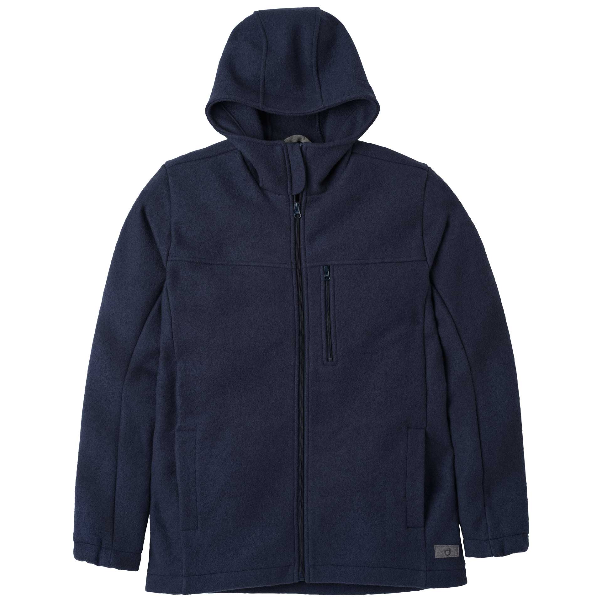 disana warme Herren-Jacke, Indigo, Wollwalk & Jerseyfutter aus Bio-Merinowolle, mit Kapuze, 2 Seitentaschen, 1 Brusttasche