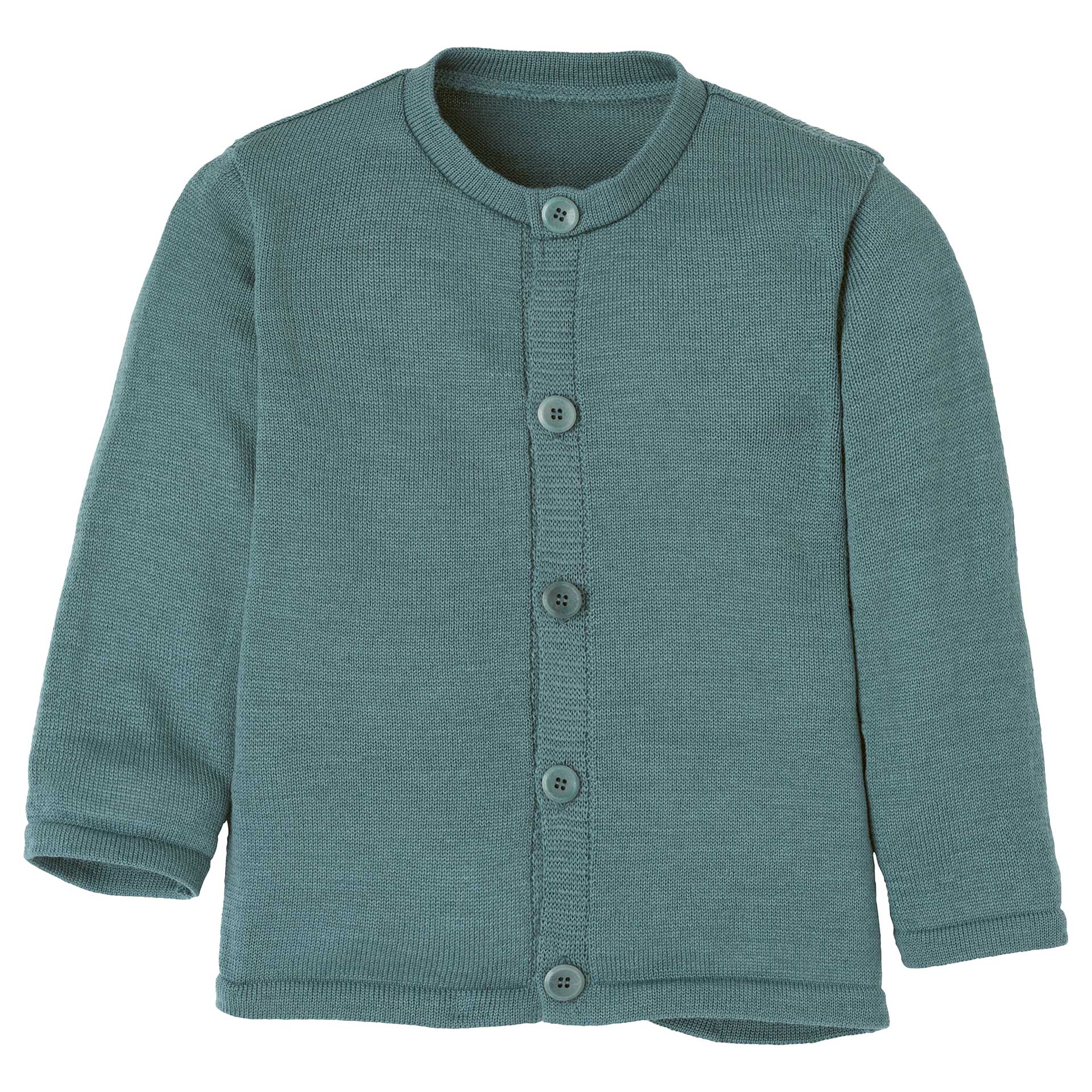 disana leichte Strick-Jacke Eukalyptus aus Bio-Merinowolle. Angestrickte Knopfleiste mit Steinnussknöpfen, moderner Klassiker