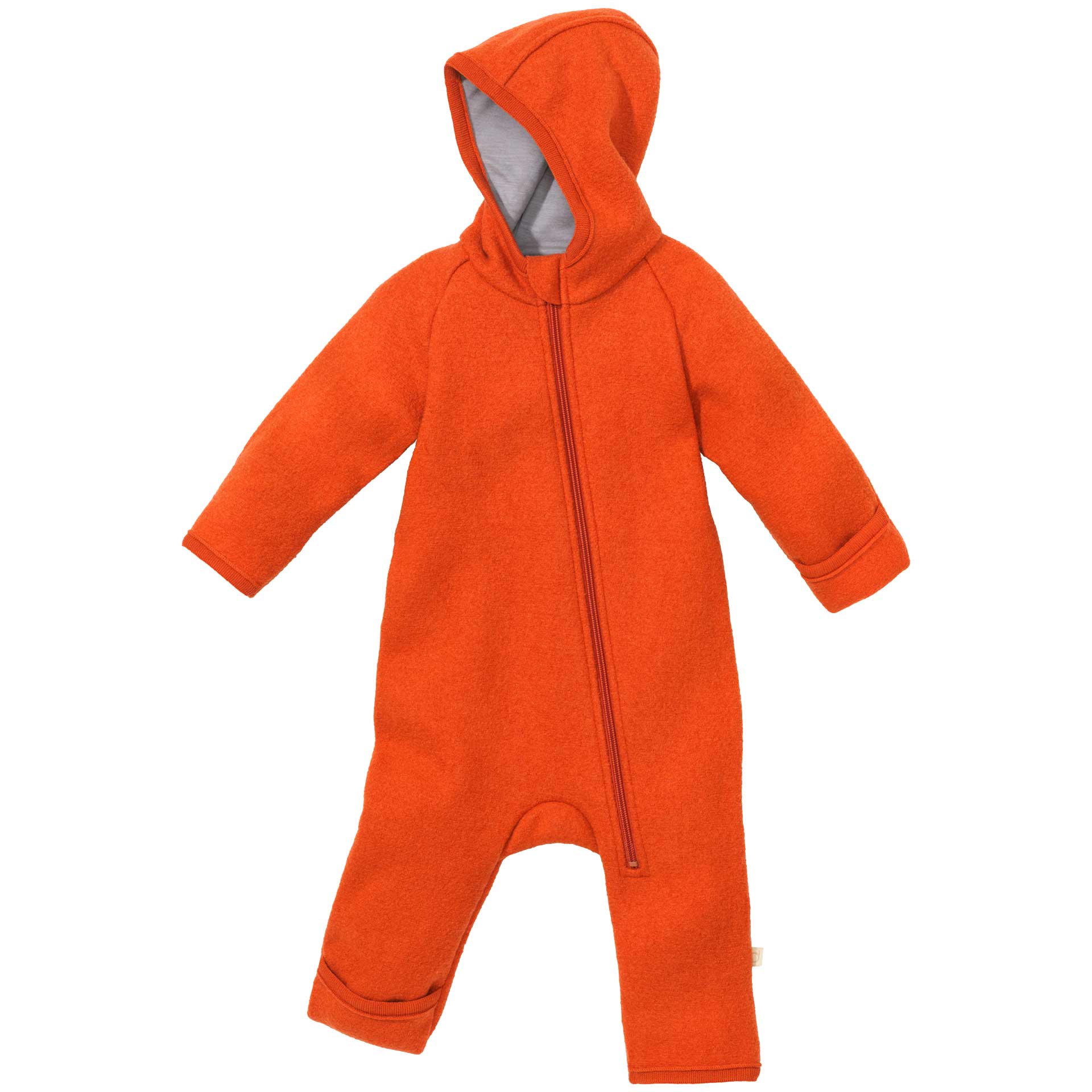 disana Zipp-Overall, 50/56-74/80, Orange. Wollwalk: Bio-Merinowolle, Kapuze, Klappbündchen an Armen und Beinen - Vorderseite