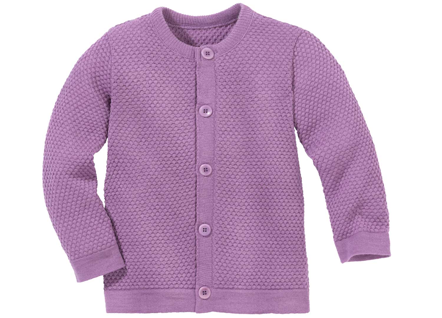 disana Wabenstrick-Jacke 62/68 – 134/140, Flieder aus Bio-Merinowolle, Arm- und Leibbündchen, Knopfleiste mittig