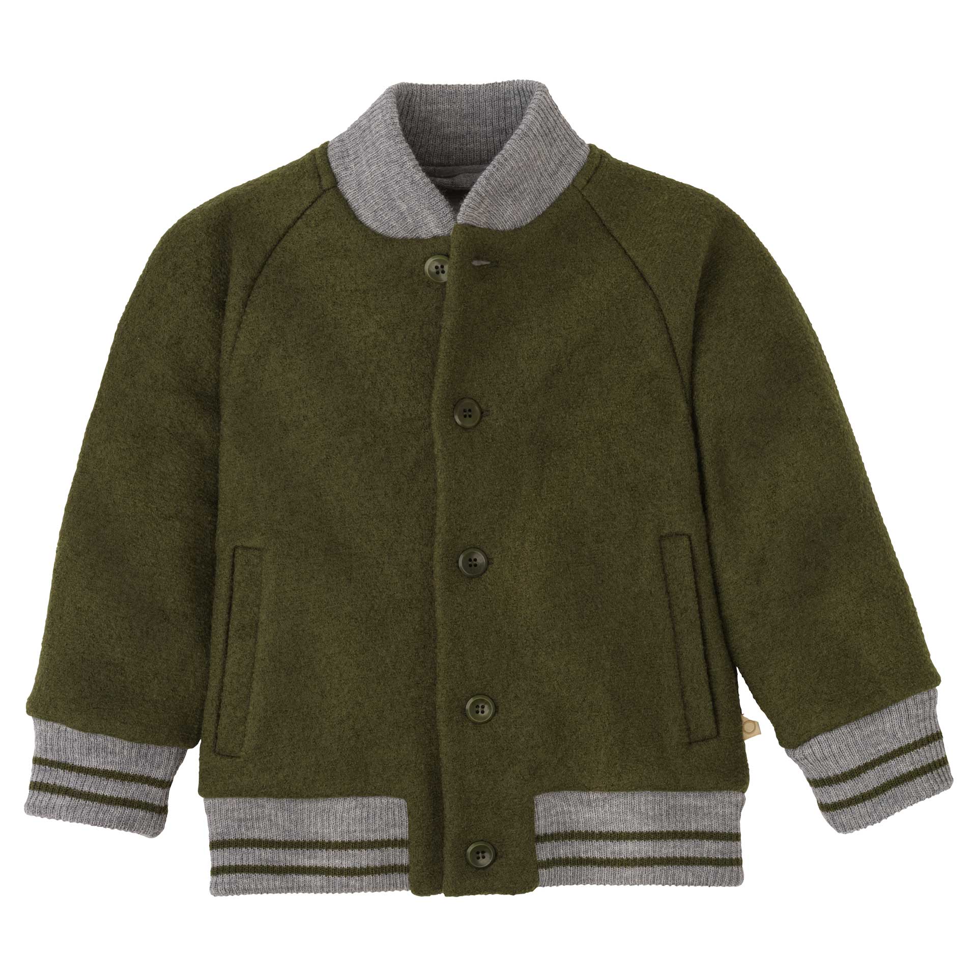 disana College-Jacke Oliv, mit Raglanärmeln, Knopfleiste und grauen Strickbündchen. Am Leib gefüttert, 100% Bio-Merinowolle
