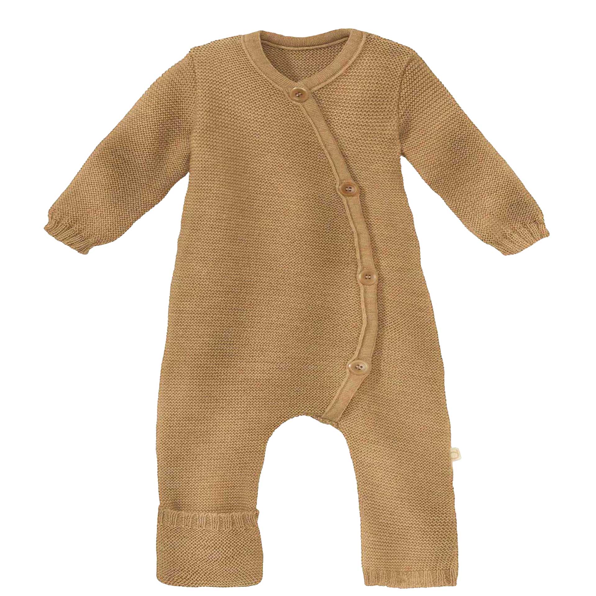 disana Strick-Overall aus Bio-Merinowolle in Karamell. In Bogen verlaufender Knopfleiste, ideal für empfindliche Babyhaut.