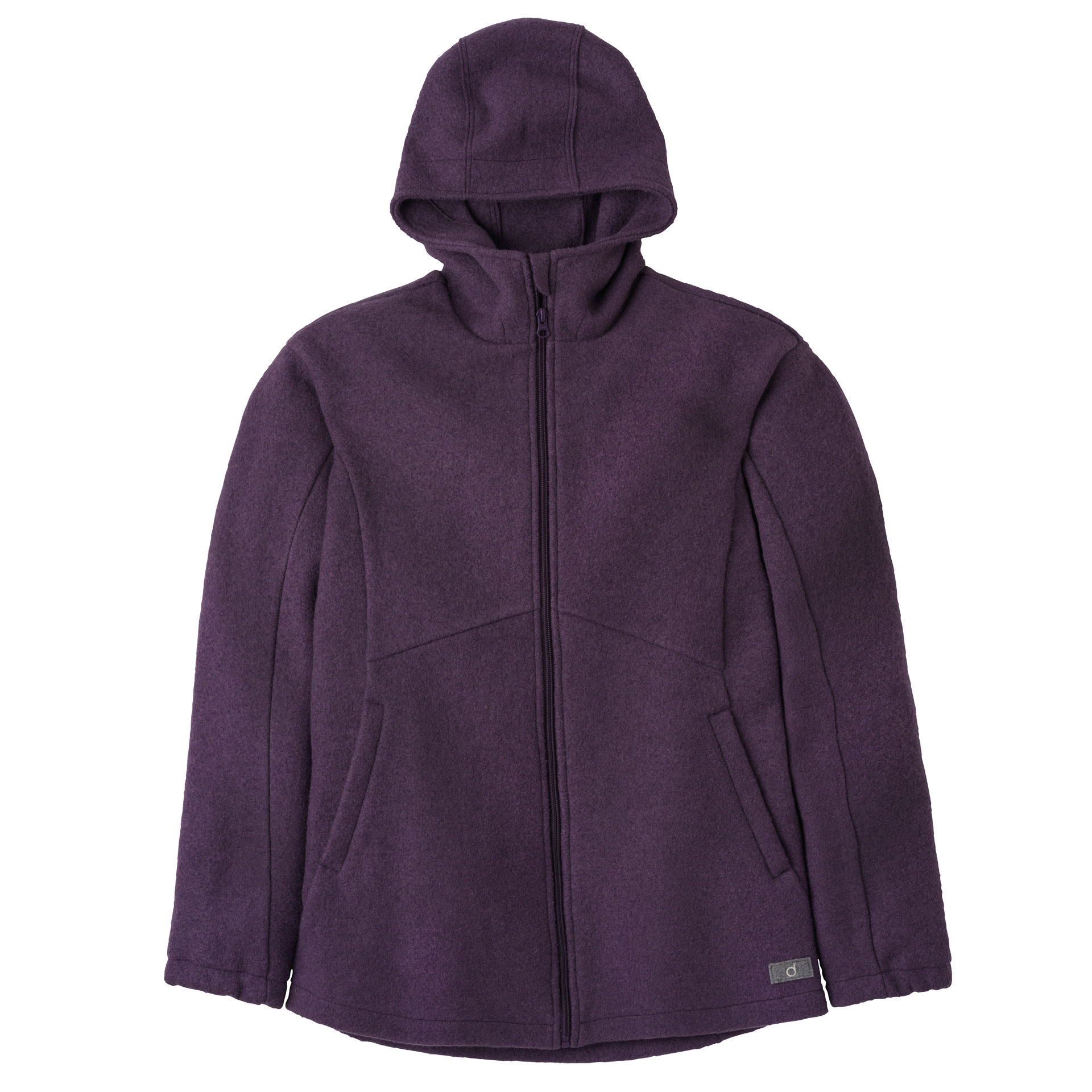 disana praktische und warme Damen-Jacke, Aubergine, weicher Wollwalk aus Bio-Merinowolle mit Kapuze & 2 Seitentaschen