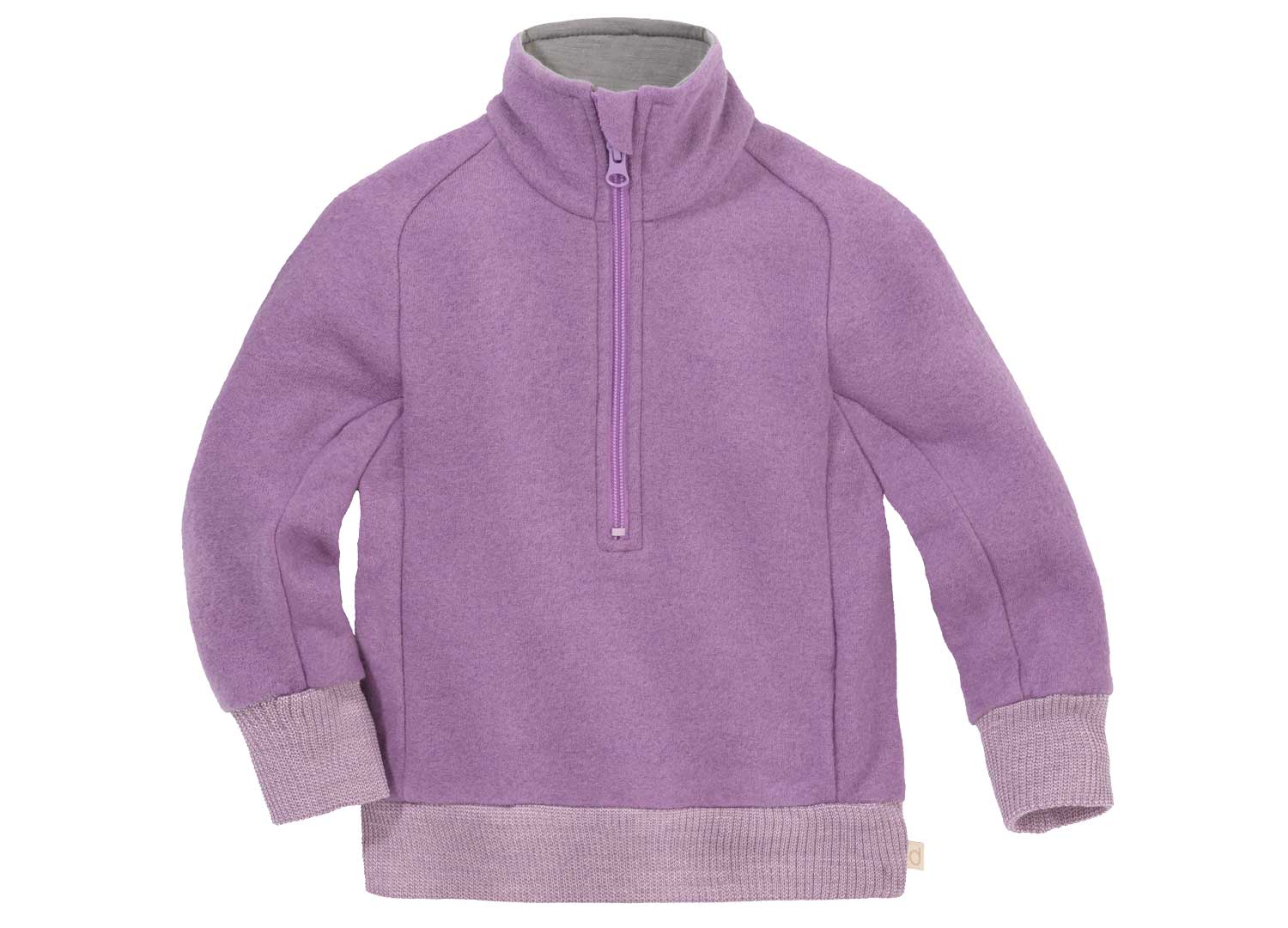 disana Troyer, 74/80 – 134/140, Flieder, 260g/m² Wollwalk, Bio-Merinowolle, Arm- & Leibbündchen, 2 Taschen, kurzer Zipper