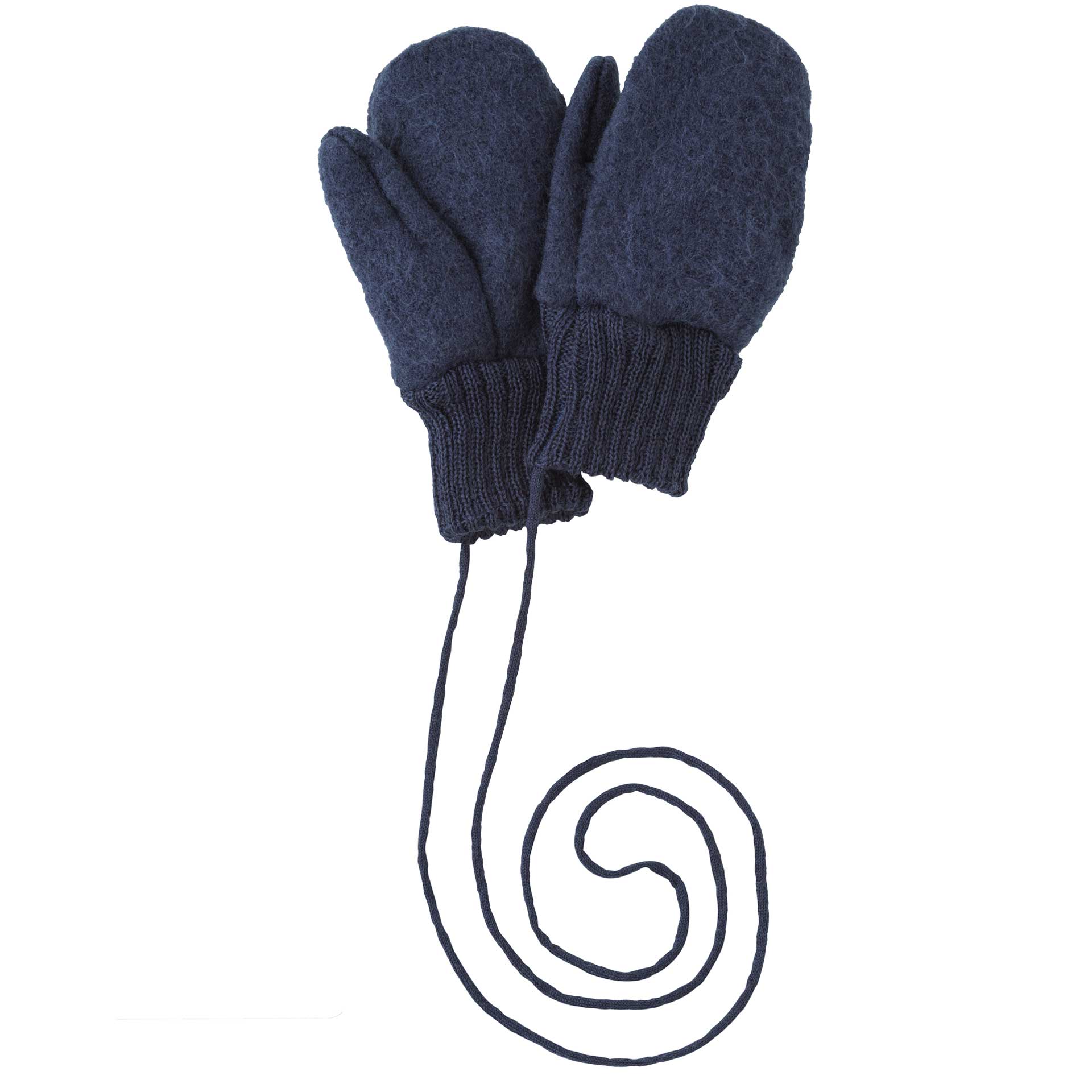 disana Walk-Handschuhe Indigo, Bio-Merinowolle, in Größe 1 ohne Daum, lange Bündchen, mit Strickkordel verbunden