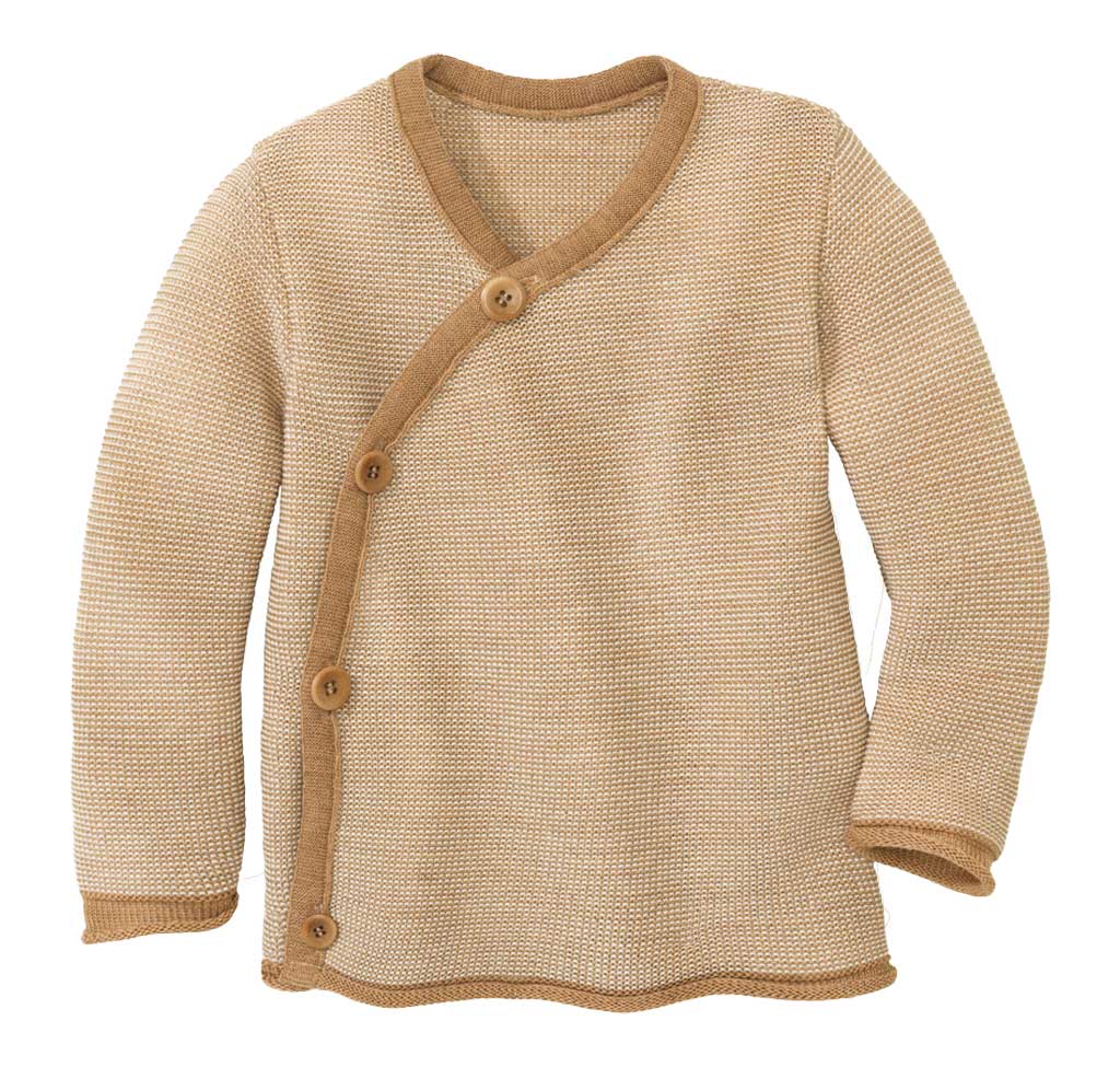 disana Melange-Jacke, Karamell-Natur, Bio-Merinowolle, mit schräg verlaufender Knopfleiste, Rollbündchen an Ärmeln und Leib