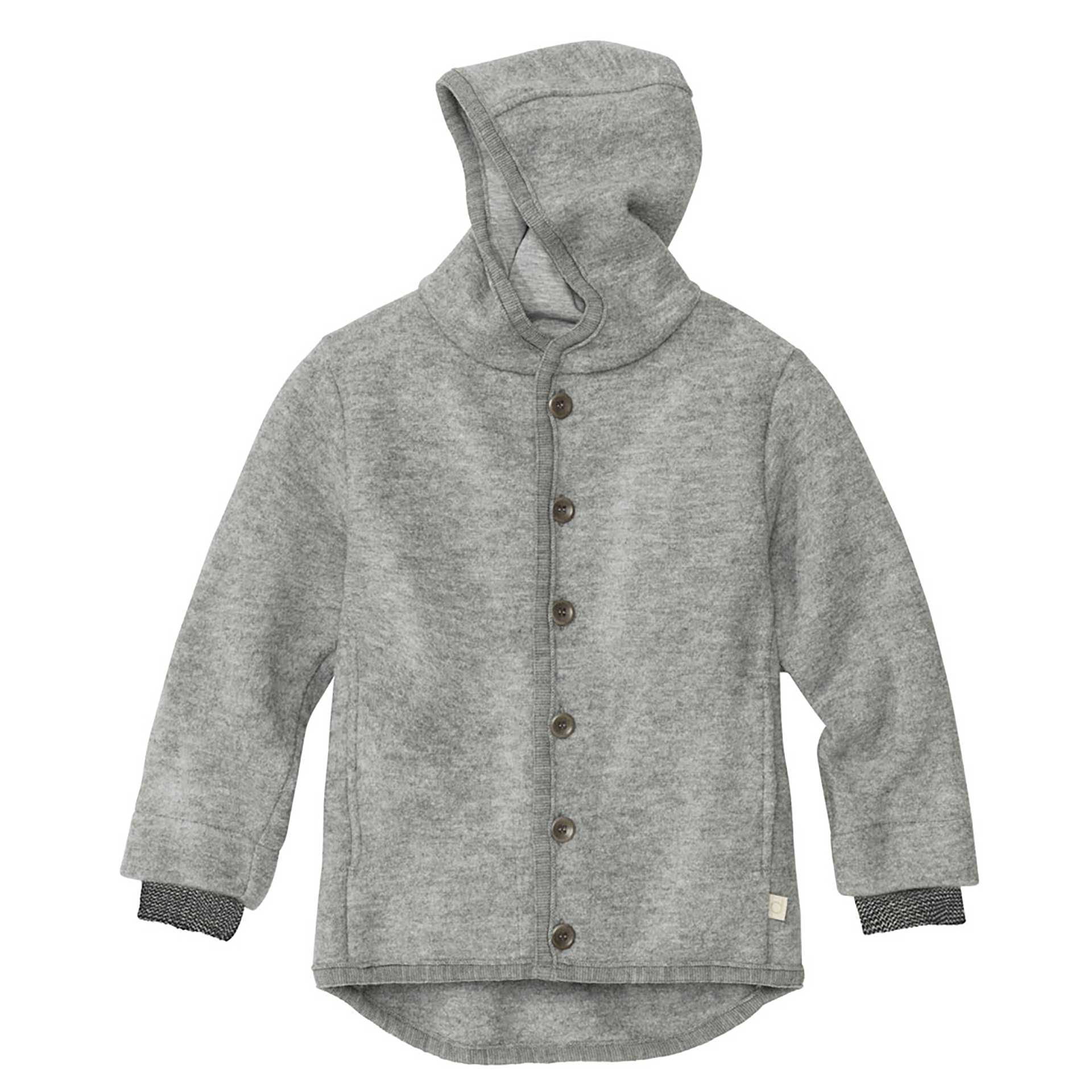 disana Walk-Jacke Grau Wollwalk aus Bio-Merinowolle Kapuze mit Baumwolle gefüttert Knopfleiste mit großen Knöpfen Armbündchen