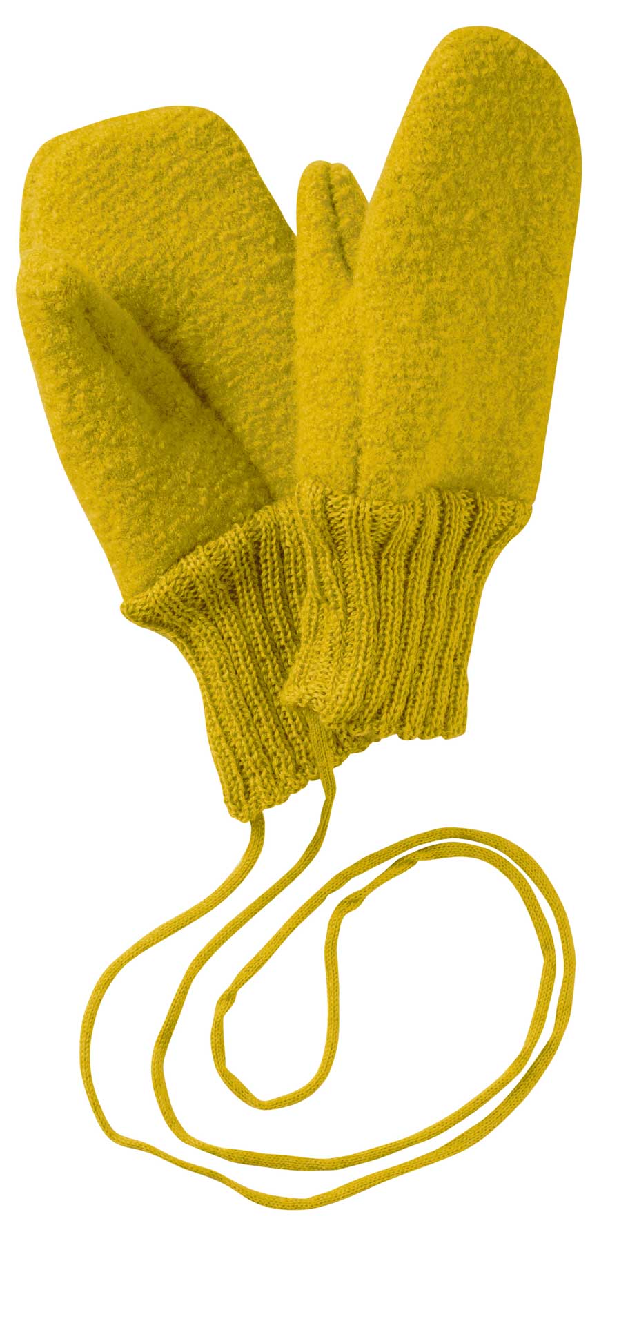 disana Walk-Handschuhe, Curry, Bio-Merinowolle, in Größe 1 ohne Daum. Mit Strickkordel, damit keine Handschuhe verloren geht