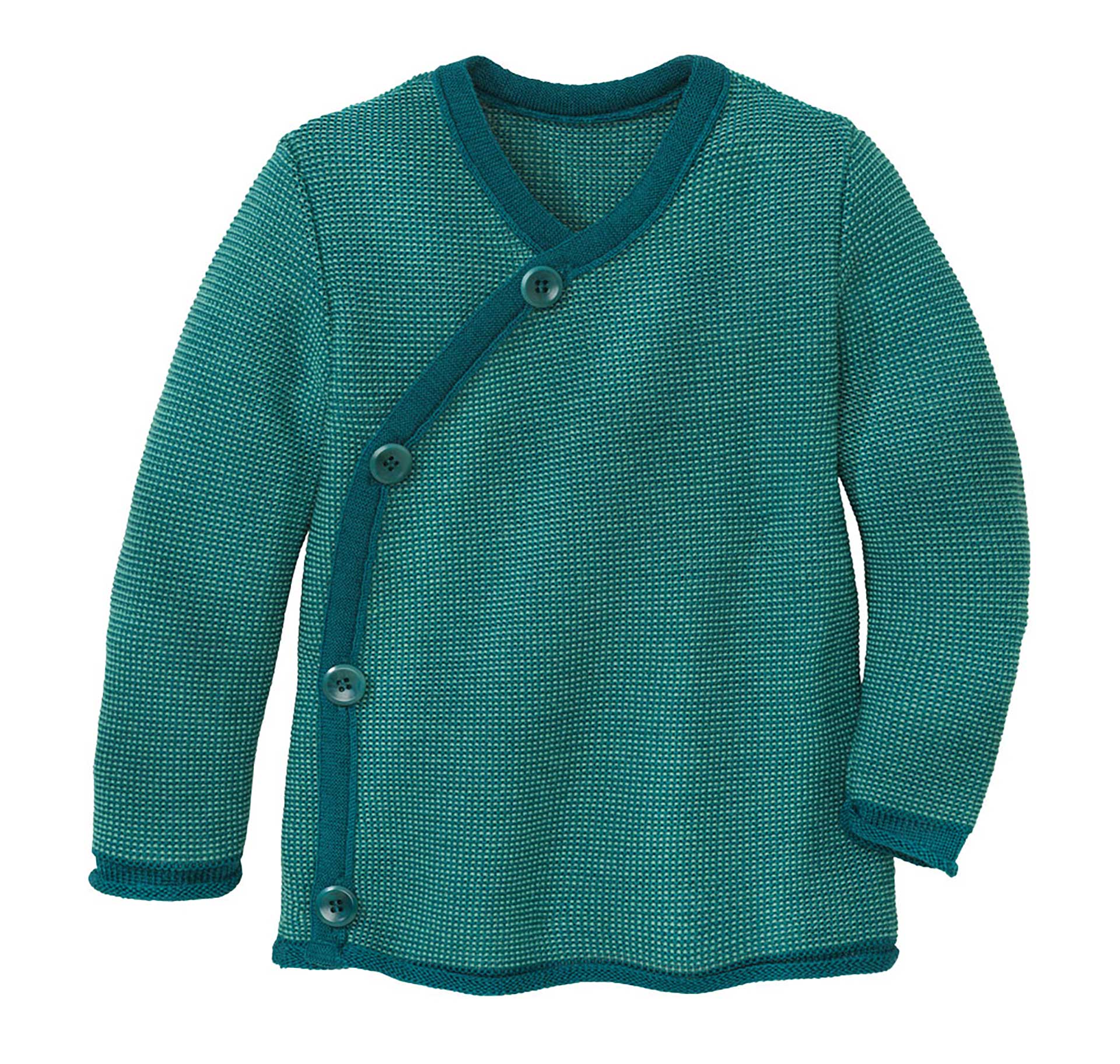disana Melange-Jacke 50/56 – 86/92, Pacific-Mint, Linksstrick aus Bio-Merinowolle, in praktischer Wickelform mit Knopfleiste