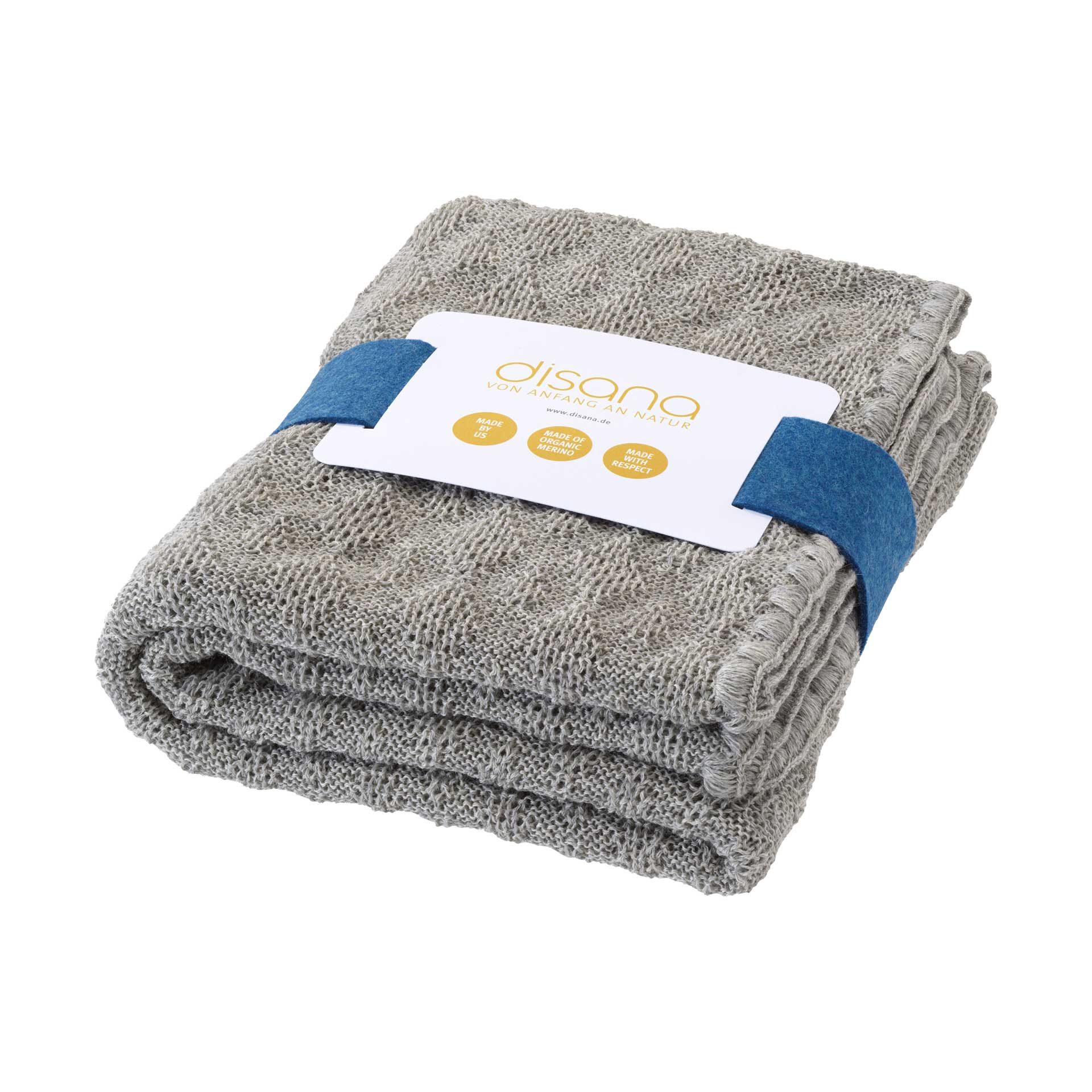 disana Woll-Babydecke, Grau aus 100% Bio-Merinowolle, im zeitlosen Ajour-Muster gestrickt mit blauer Filz-Banderole