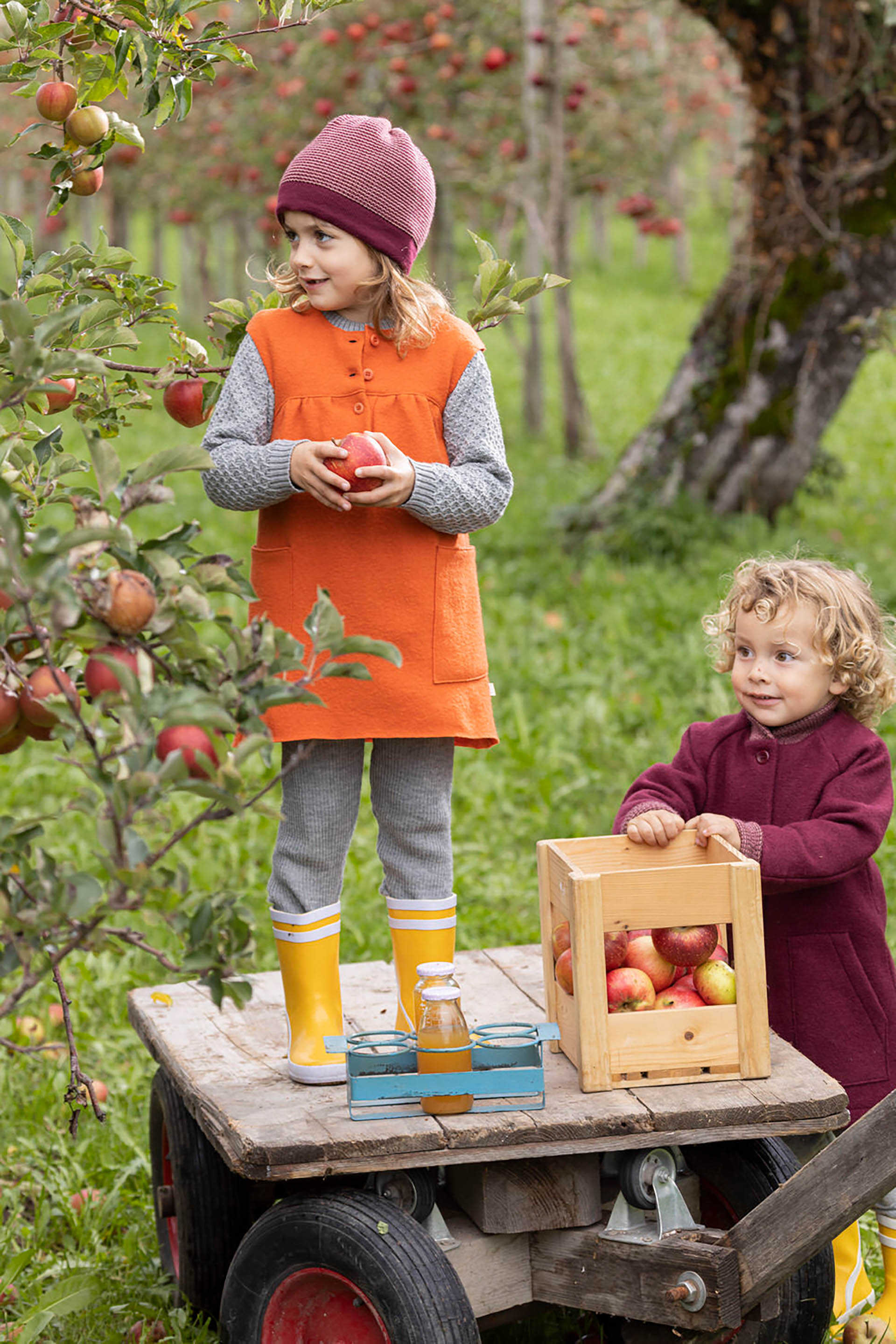 Zwei Kinder bei der Apfelernte; ein Mädchen im Walk-Kleid Orange steht auf einem Holzwagen & ein Junge im Walk-Mantel Cassis.