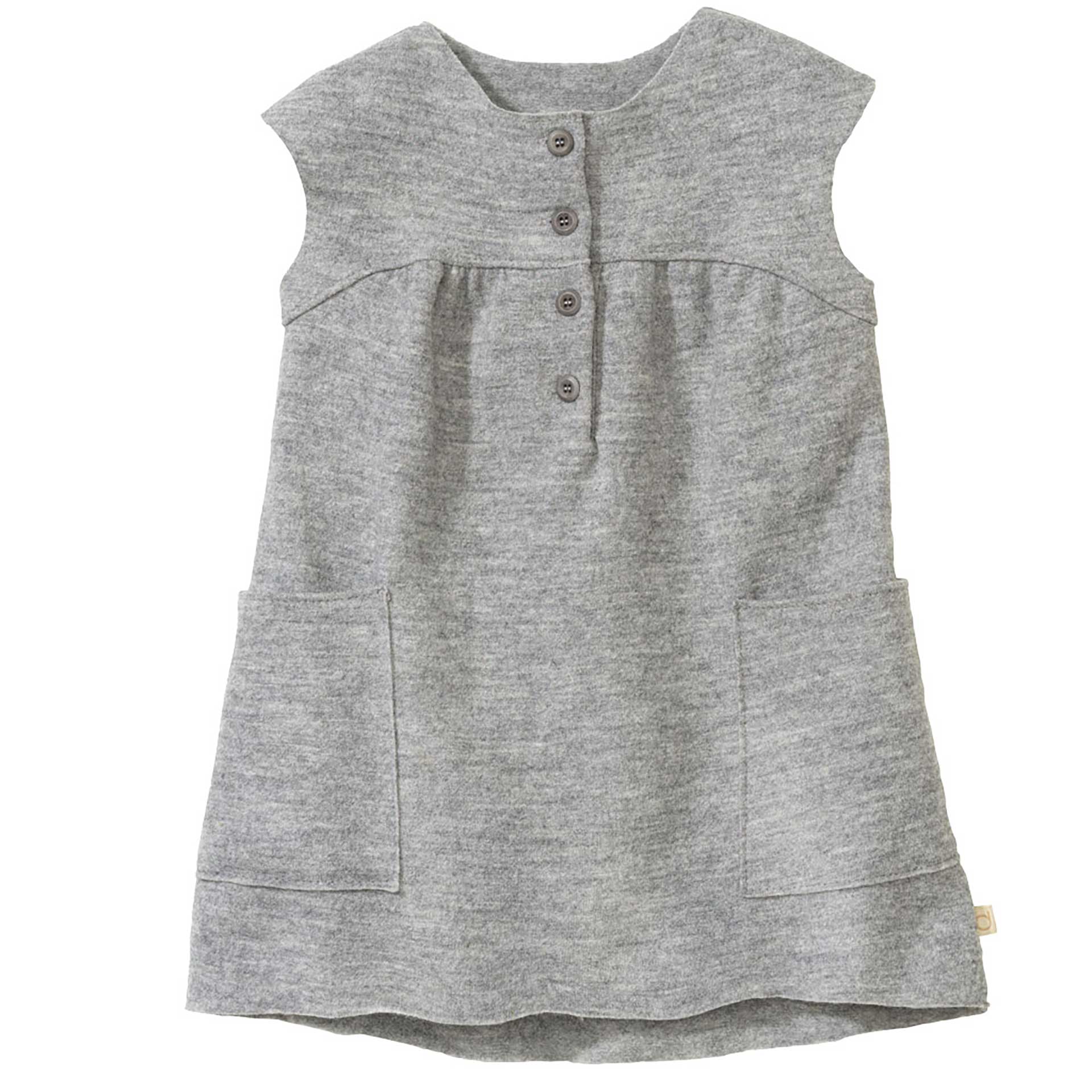 Graues disana Walk-Kleid aus Bio-Merinowolle mit kurzer Knopfleiste & 2 großen Seitentaschen, ärmellos super bequem & chic