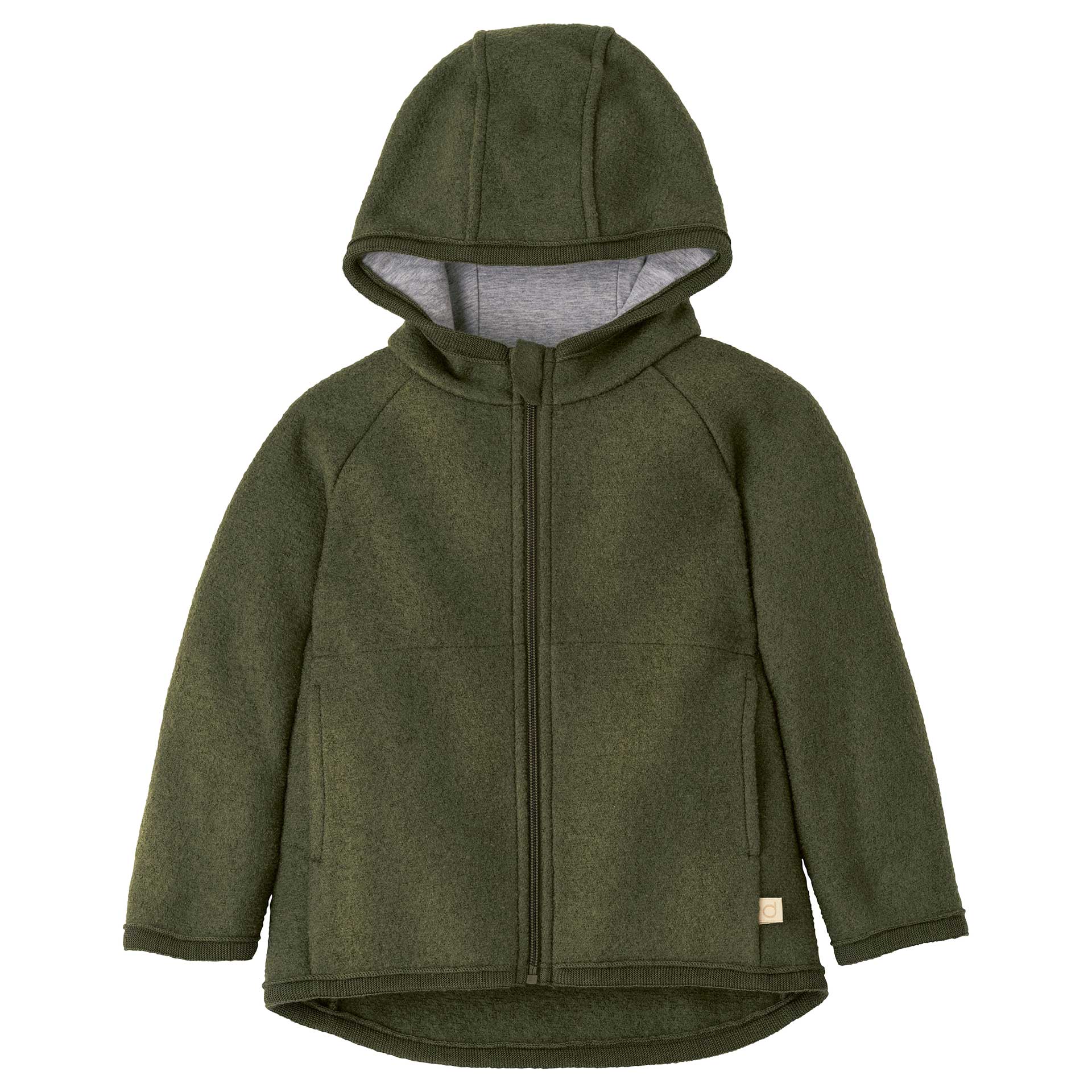 disana Walk-Jacke Zipp, Oliv Wollwalk & Jerseyfutter aus Bio-Merinowolle, mit Kapuze, 2 Taschen, Reißverschluss & Raglanärmel
