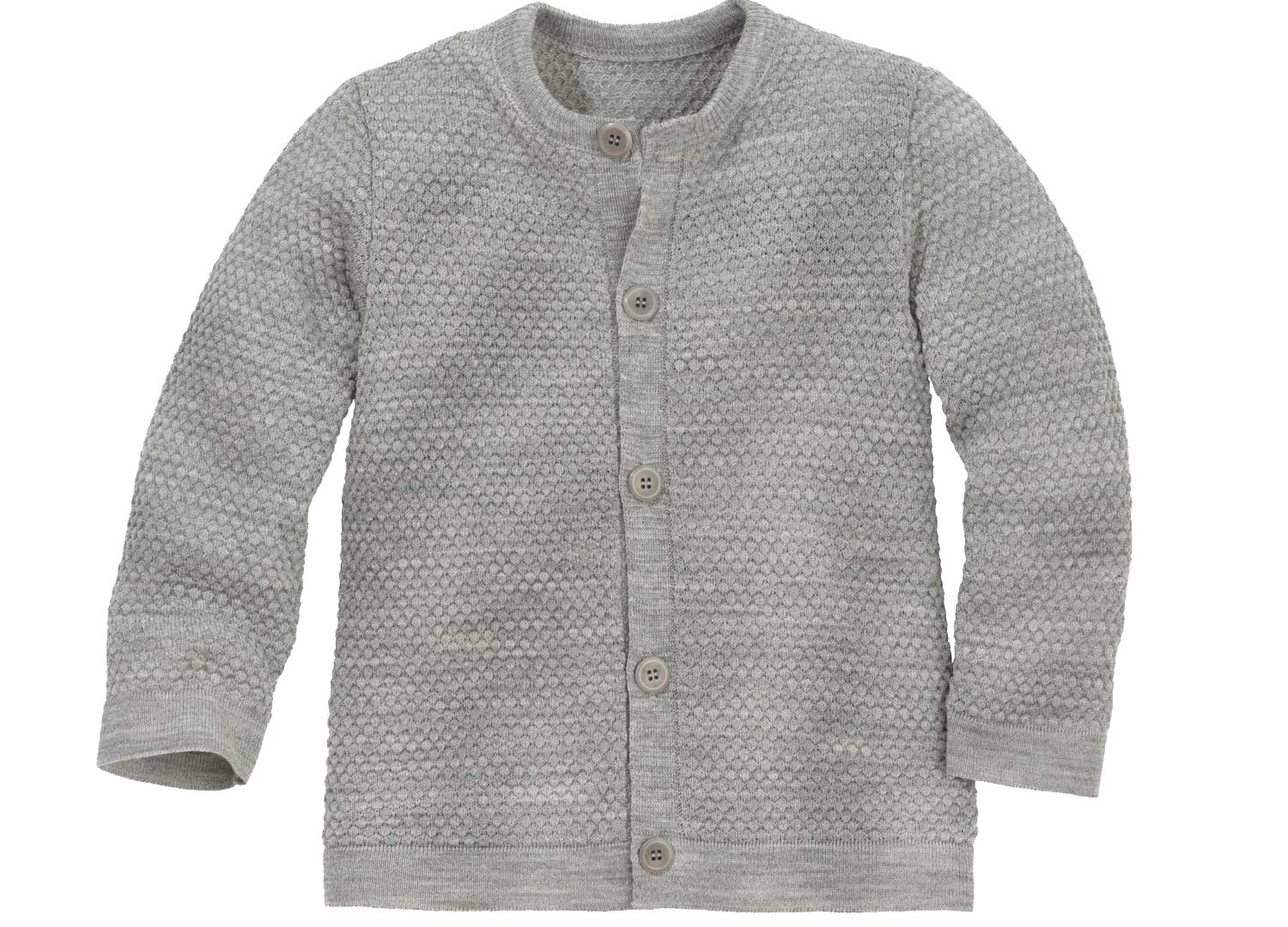 disana Wabenstrick-Jacke 62/68 – 134/140, Grau. Strick: Bio-Merinowolle, Arm- und Leibbündchen, Knopfleiste mittig
